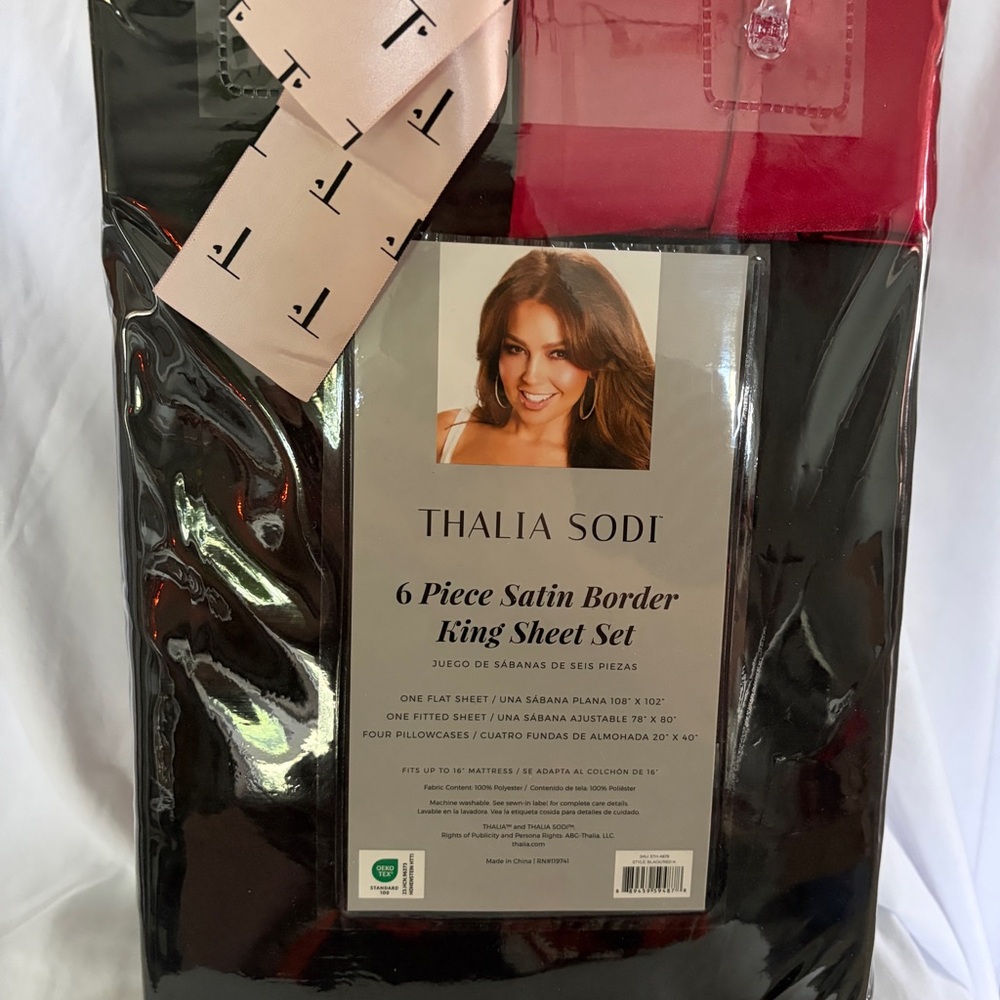 Thalia Sodi 6-Piece Satin Border King Size Sheet Set ~ Black and Red ~ NWT